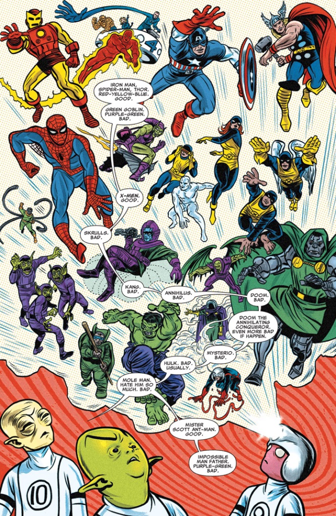 As regras das cores de super-heróis explicadas pelo Topeiróide e Artie ao Homem Impossível Junior  na revista da Fundação Futuro. Escrita por Lee Allred e Matt Fraction e desenhada por Mike Allred. Cores, claro, por Laura Allred.